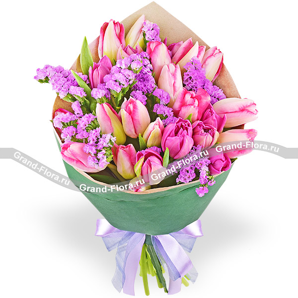 Шанталь - букет из розовых и фиолетовых тюльпанов